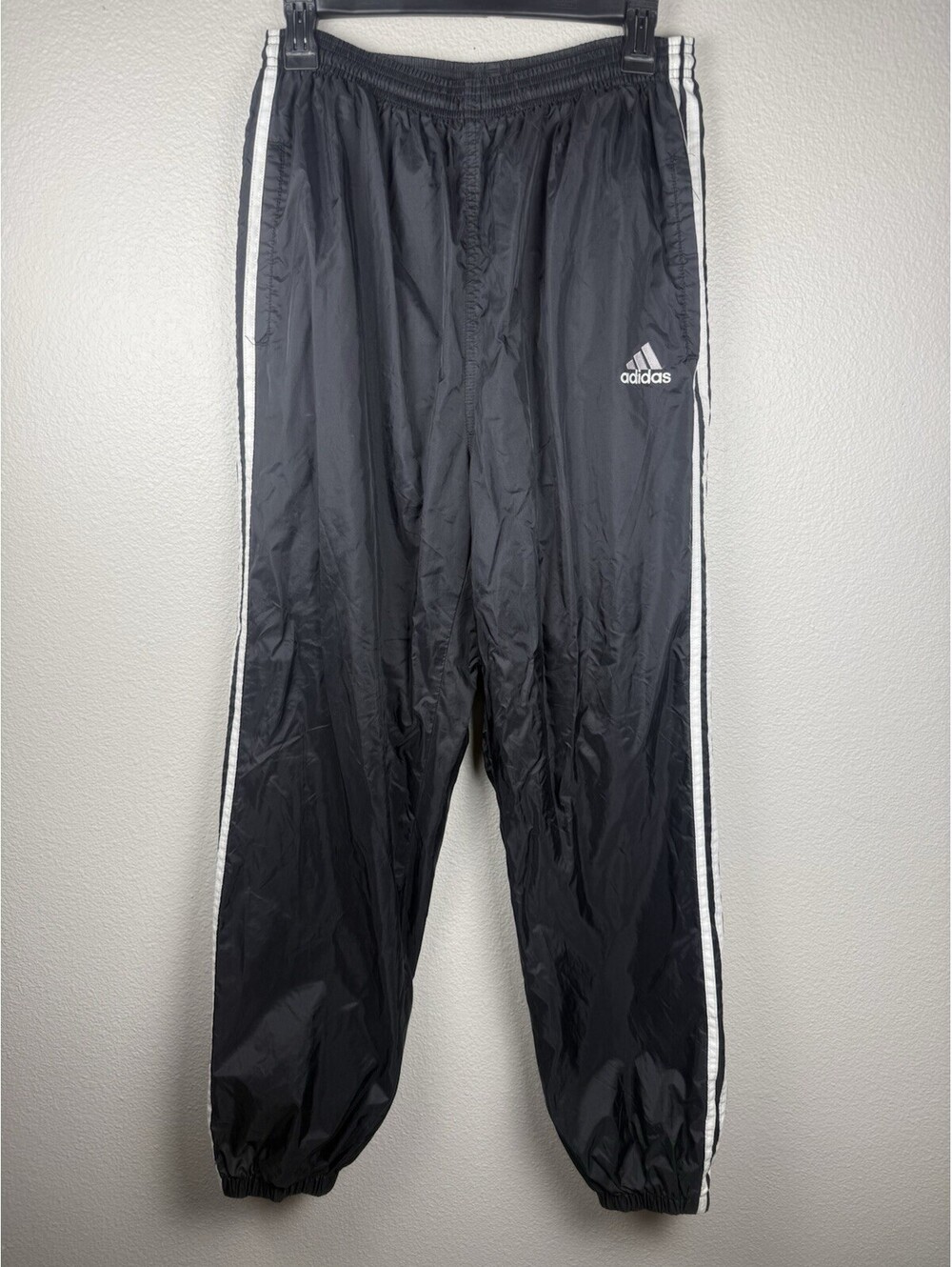 VINTAGE adidas Nylon Track Pants Mens Black Windbreaker Zip Cuff 3 Stripes - M